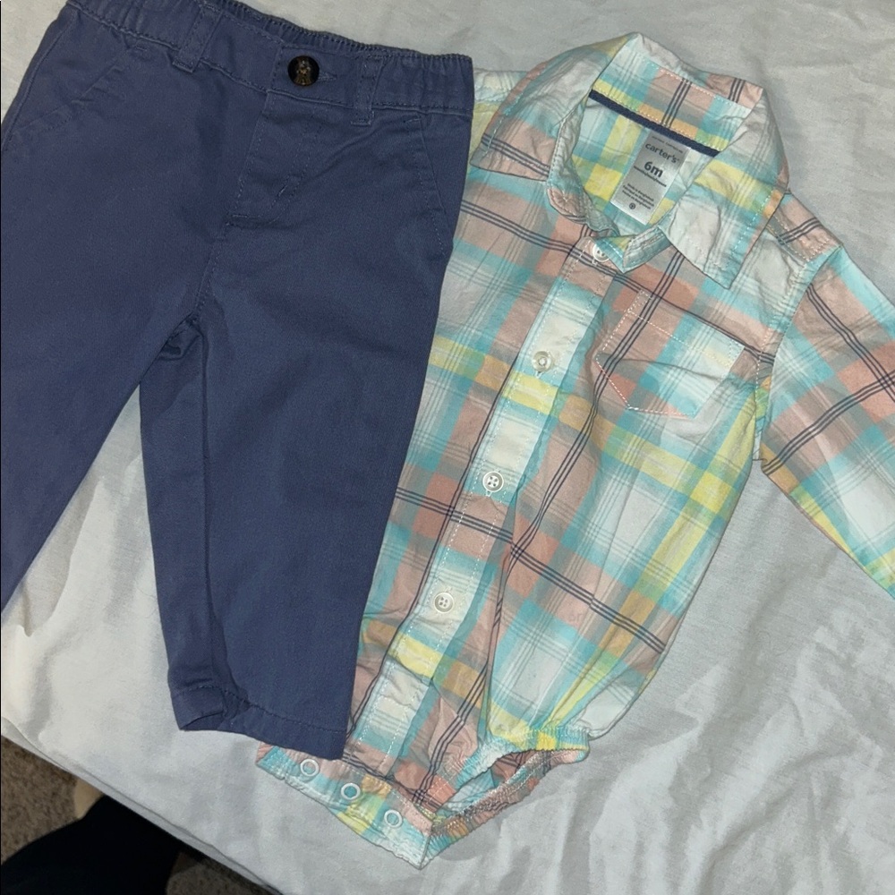 2 Piece Picture Ready Pant & Plaid Button up Onesie 100% Cotton Carters 6M